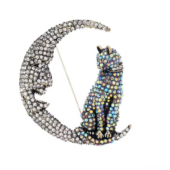 Betsey Johnson Crystal Cat Moon Brooch - Picture 6 of 15